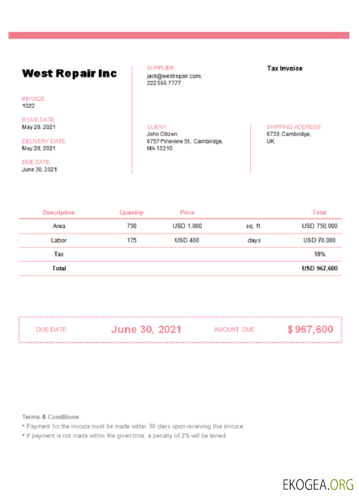 Facture de West Repair Inc au Royaume , Uni